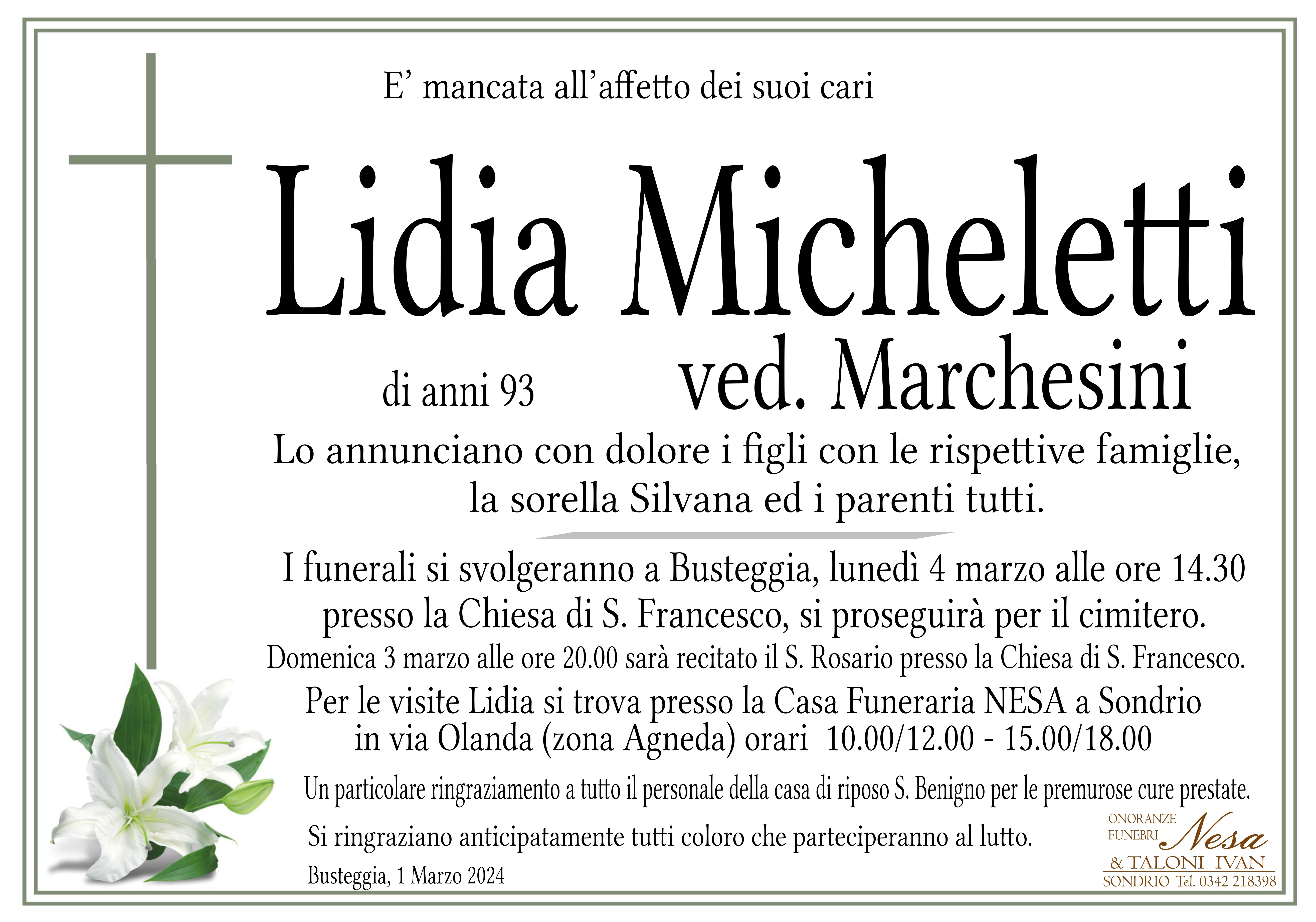 Necrologio Lidia Micheletti ved. Marchesini